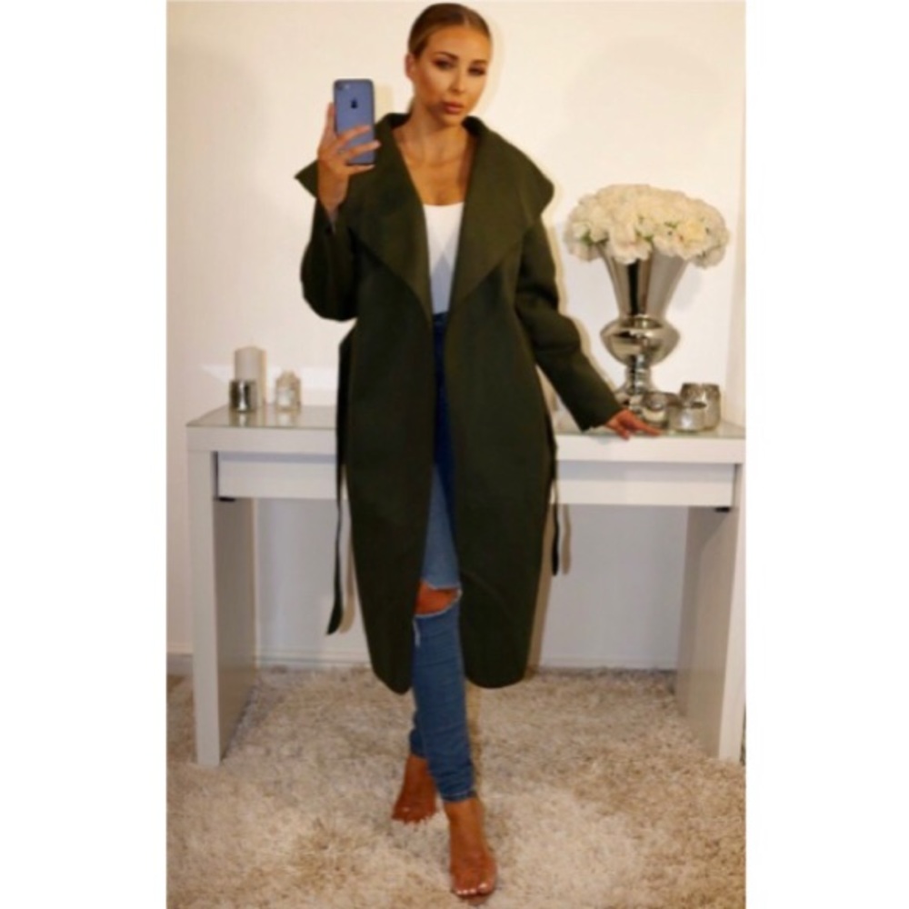 Khaki Green Waterfall Duster Belted Long Coat